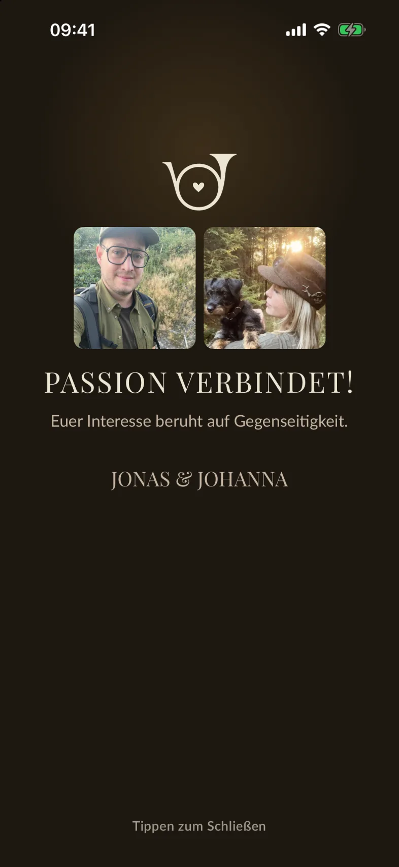 Die bildschirmfüllende Anzeige „Passion verbindet!“ mit beiden Profilbildern