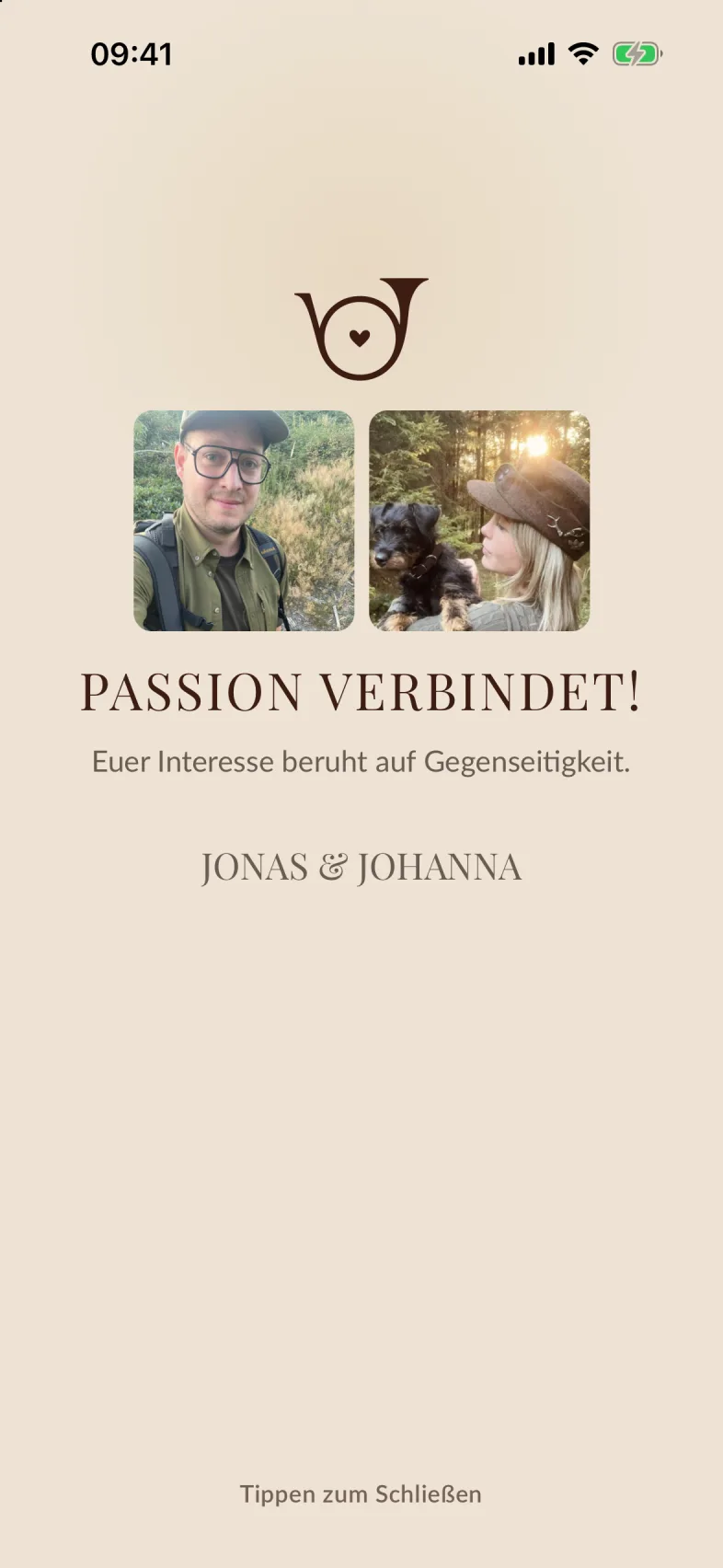 Die bildschirmfüllende Anzeige „Passion verbindet!“ mit beiden Profilbildern
